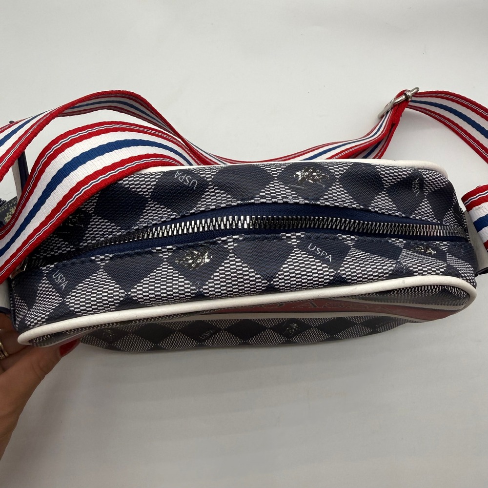 US Polo Assn Crossbody Bag Navy White Plaid Logo Strap Zipper Top New‎ w/ Tags - Picture 4 of 11